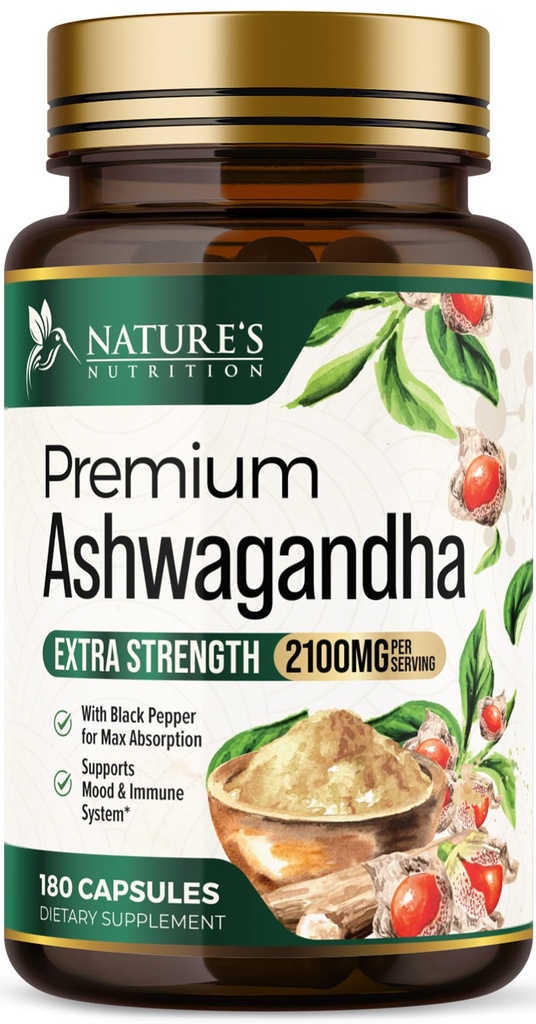 Ashwagandha 补编 - 2100mg Ashwagandha Capsule for Men & Men, 天然抗氧化剂支持, Ashwa 根提取, 外力冷静支持与黑辣椒, Vegan & Gluten Free - 180 Capsules