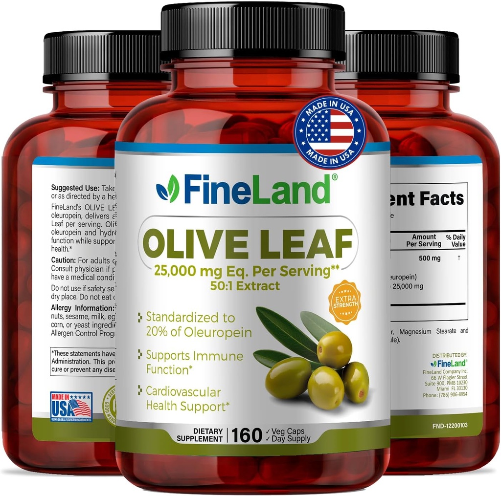 FineLand Olive Leaf Extract 50x – 25 000 mg Eq. / service 160 Vegan Caps, Oleuropein → 20% Oleuropein → Herbal 抗氧化剂补充剂,循环和免疫支持,美国制造