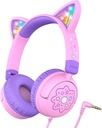 iClever儿童耳机 猫耳机 LED Light Up, 85dBA Safe Volume, Stereo Sound Toddler Headphones for Travel School, Foldable 3.5mm Wired儿童耳机 iPad平板电脑, Meow Lollipop - Pink