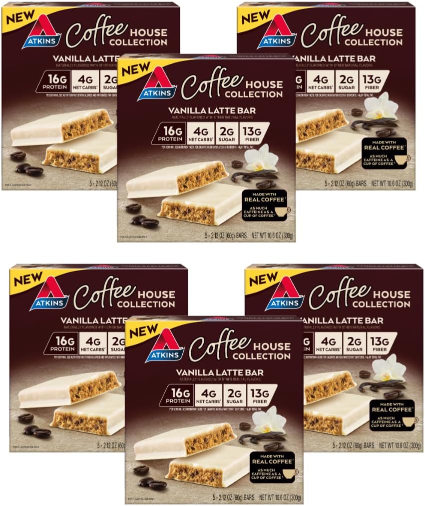 阿特金斯咖啡馆餐饮酒吧,香草拉铁,16g蛋白,4g Net Carbs,2g Sugar,13g 纤维,用真咖啡制作,5 Counter (Pack of 6)