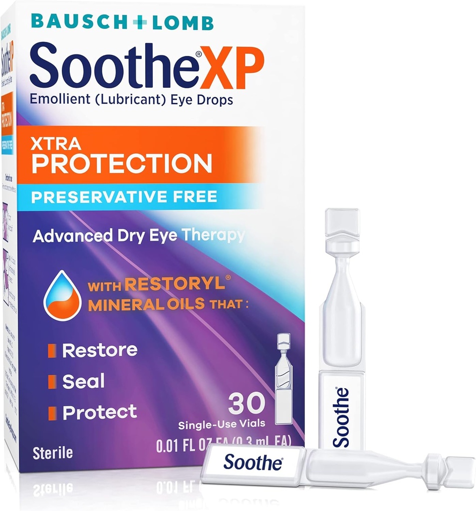 Soothe XP 防腐自由眼滴水,Xtra 保护润滑眼滴水用于干眼,Relieves Iritation 和防眼泪流失,高级干眼治疗,单用途 Vials, 30 Counter