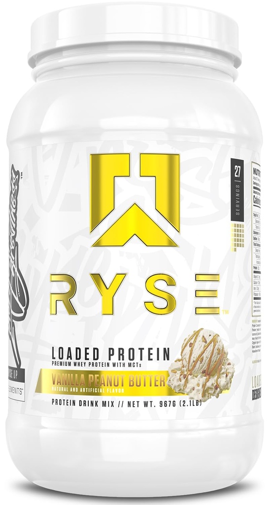 RYSE 装入蛋白粉 - 香草花生酱 - 25g Whey 蛋白质隔离并集中使用先生纤维和MCTs - 低卡布,低糖,消化友好 - 27 services / 2 lb Tub