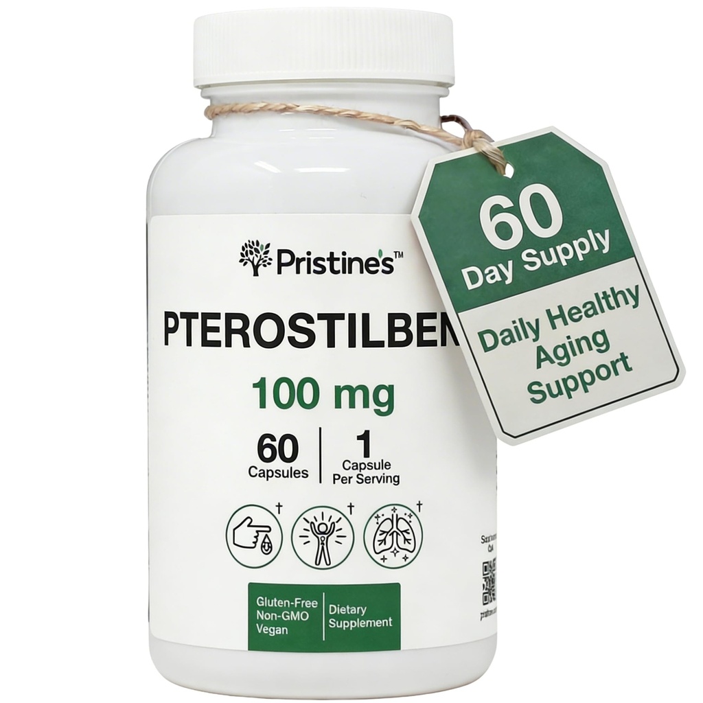 PRISTINE的Pterostilbene 100mg 抗衰老补充剂 Capsules - 60天供应 - 肺健康和精神清晰抗氧化剂 - 生物利用率高 Vegan 非转基因生物
