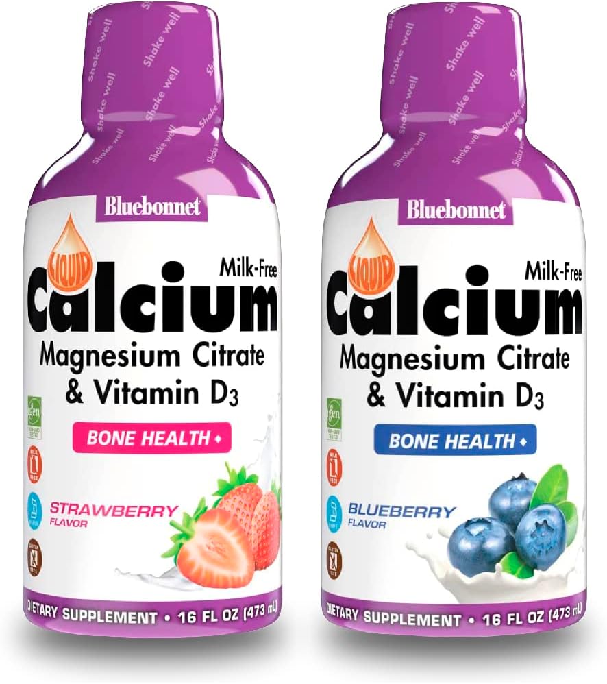 Bluebonnet营养 液态钙 Citrate Magnesium Citrate, 维生素D3-蓝莓火药包和草莓火药包, 2瓶16 Fl Oz 每人(32 Fl Oz 共计)