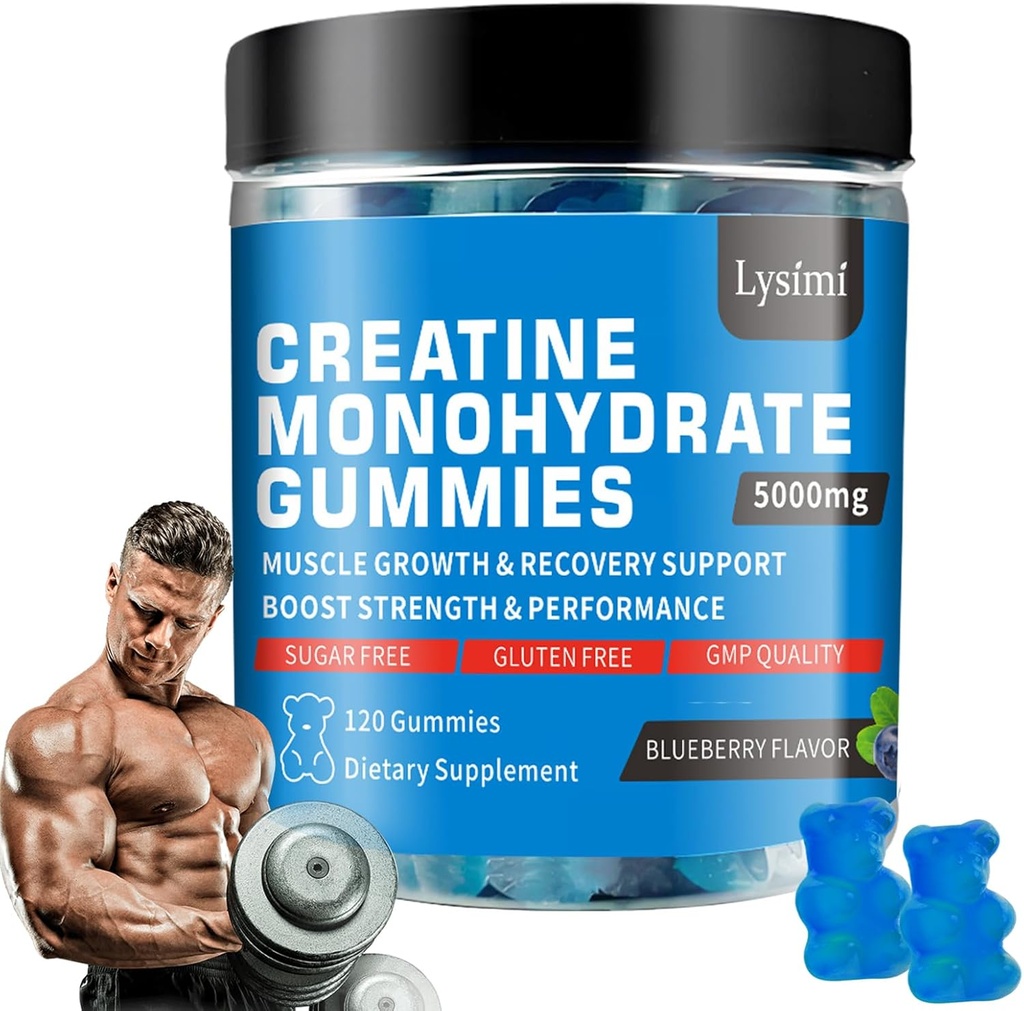 Creatine Monohydrate Gummys - 5g of Creatine Monohydrate per service - 增强强度和构建肌肉,无糖,Vegan,蓝莓火焰,每瓶120卡普尔,供男女使用(1)
