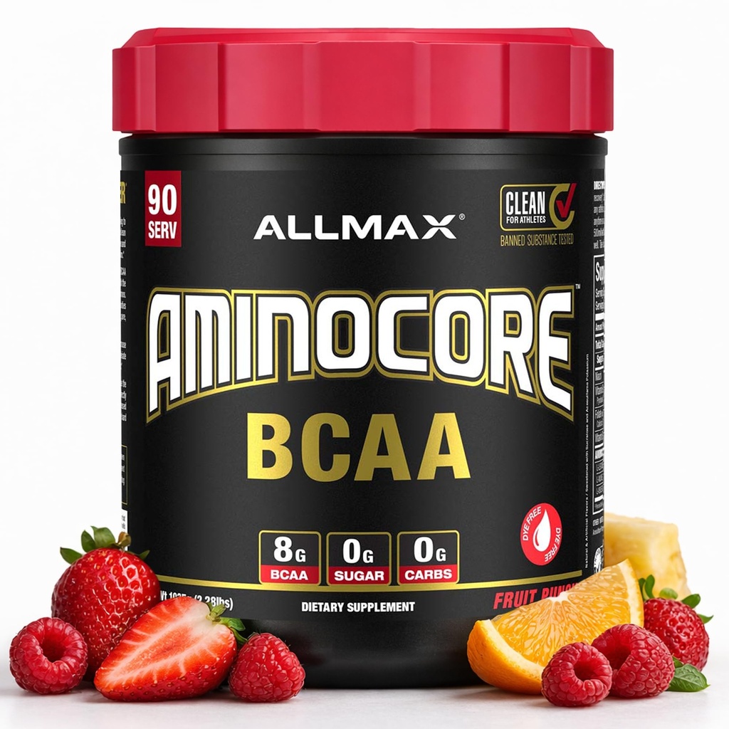 ALMAX 营养 AMINOCORE BCAA,水果冲 - 945克 粉末 - 8.18克 分支链 Amin 酸 人 服 - B 维生素 - 无填料或非 BCAA 氨基 - 无糖 - 90克