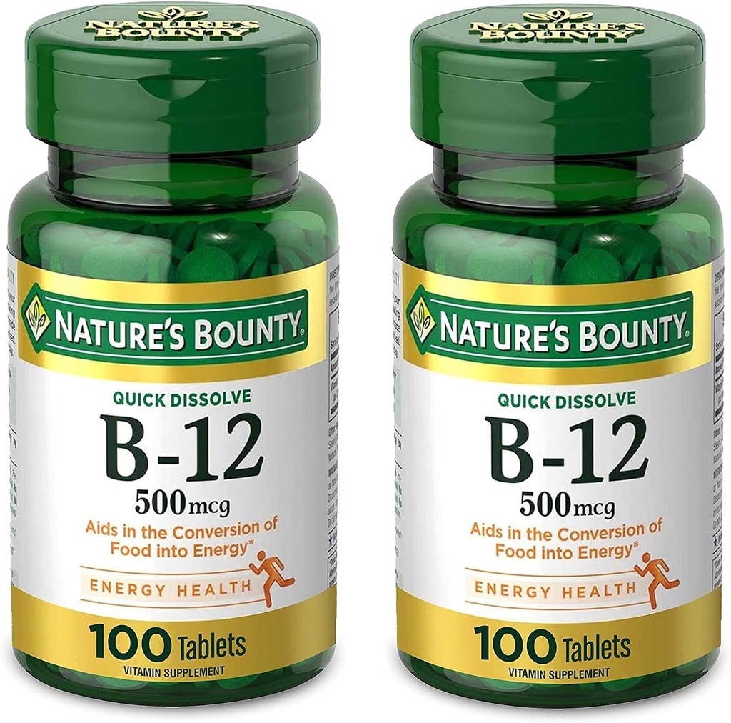 自然丰产维生素B12,支持能量代谢和神经系统健康,500mcg,平板电脑,100Ct(Pack of 2)