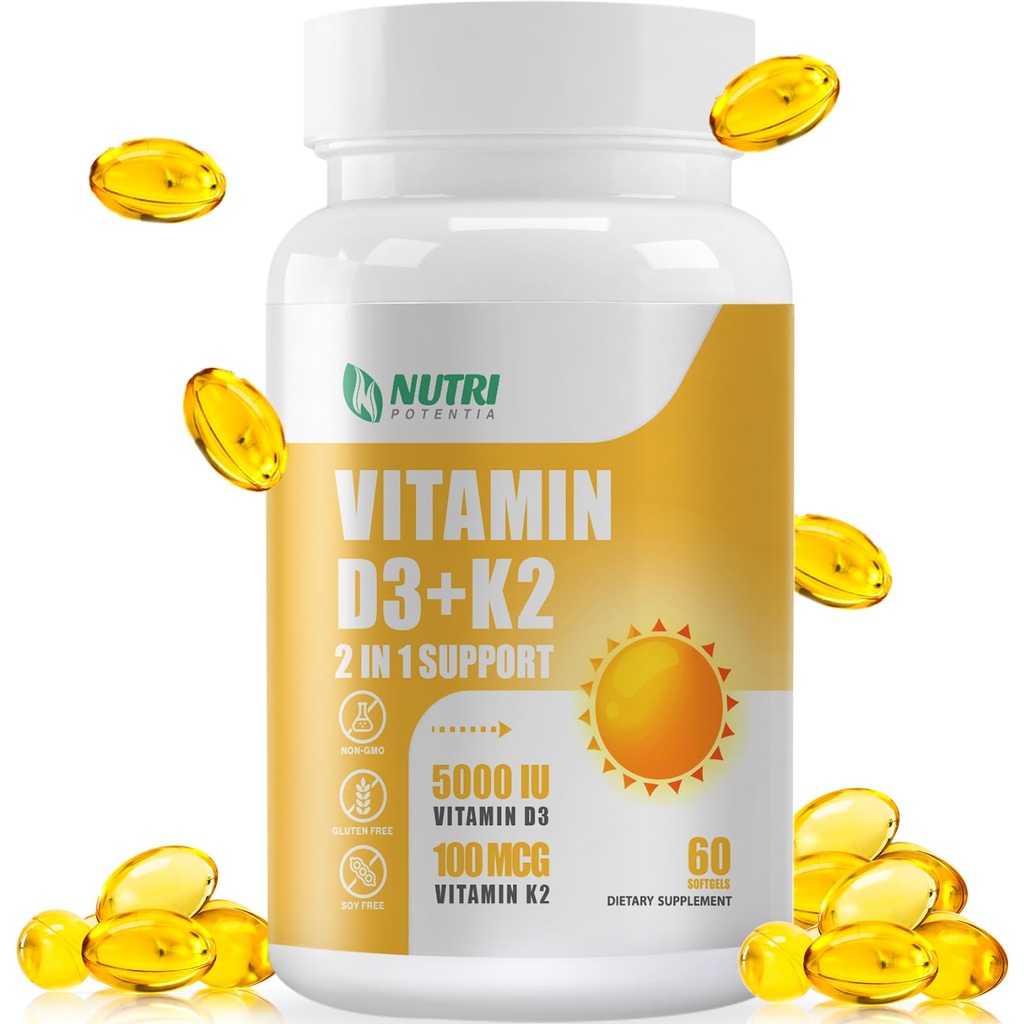 维生素D3 K2配有MCT Oil,维生素D35000 IU和K2100mcg,"骨与心脏健康"的公式2为1,Gluten Free - 60 Count Softgels