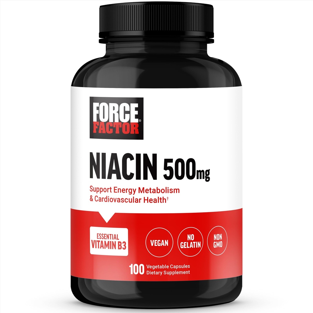FORCE FACTOR Niacin维生素B3 支持细胞能量和心血管健康,Niacin 500mg 心脏-健康补充剂,Vegan, No Gelatin, Non-GMO, 100 蔬菜罐头