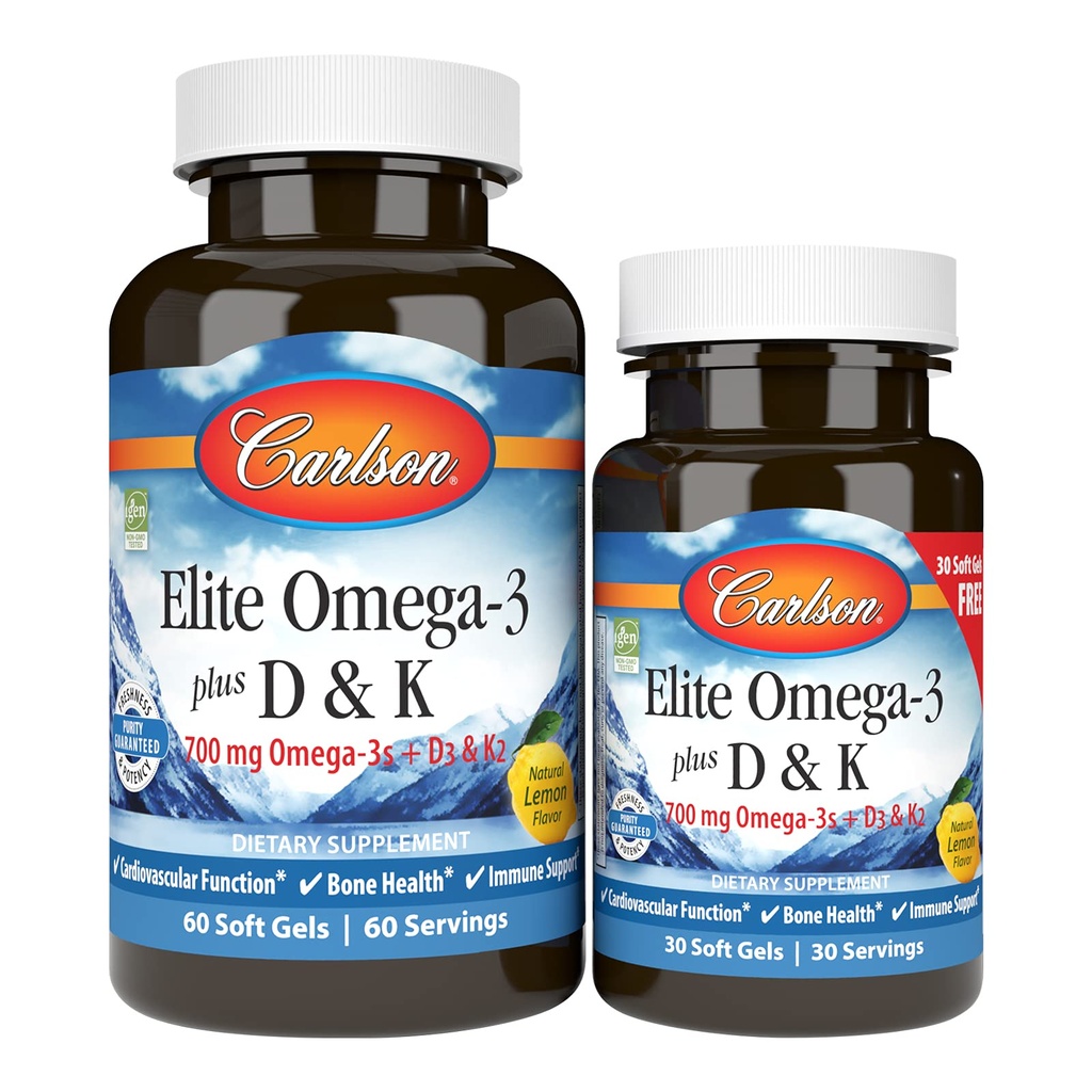 Carlson - Elite Omega-3 Plus D & K,700 mg Omega-3s + D3 & K2,功能,骨质健康与免疫支持,柠檬,60+30软胶