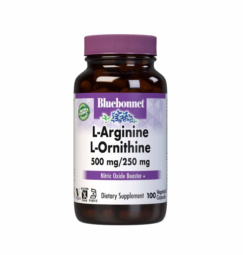 Bluebonnet 营养 L-Arginine 500mg/L-Orinithine 250mg,支持蛋白质代谢*,无豆类,无胶类,非GMO,科舍认证,维冈,100个蔬菜卡普尔