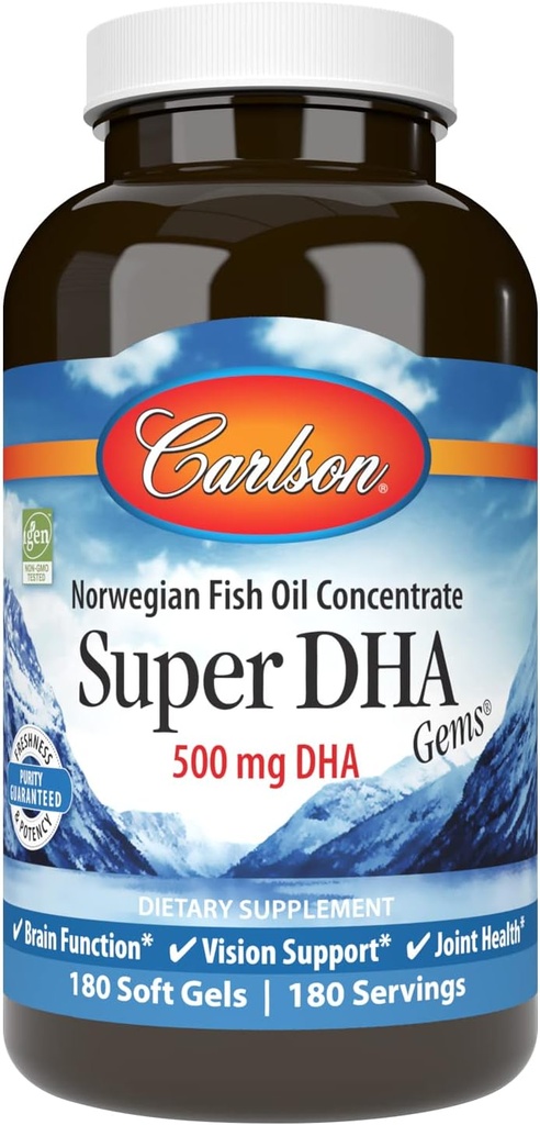 Carlson - 超级DHA宝石,500 mg DHA 补充剂,640 mg脂肪酸,野生挪威北极Omega 3鱼油补充剂,可持续来源的鱼油盖,180软胶