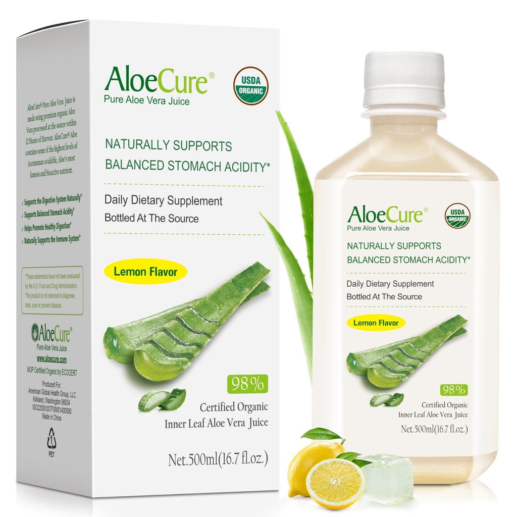 AloeCure USDA 有机Aloe Vera Juice Lemon Flavor - 在收获12小时内制作 - 平衡胃酸的天然消化补充 - 支持消化和免疫健康 - 1 Btl x 16.7oz