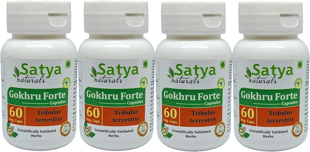 Gokhru Forte Capsule 500 mg. 60 Veg. Capsule QQ Gokharu (Tribuls Terrestris) 提取供男女使用的Capsules Ayurvedic 草药补充剂/修复剂 QQ 10:1 Forte (4瓶60 Capsules)