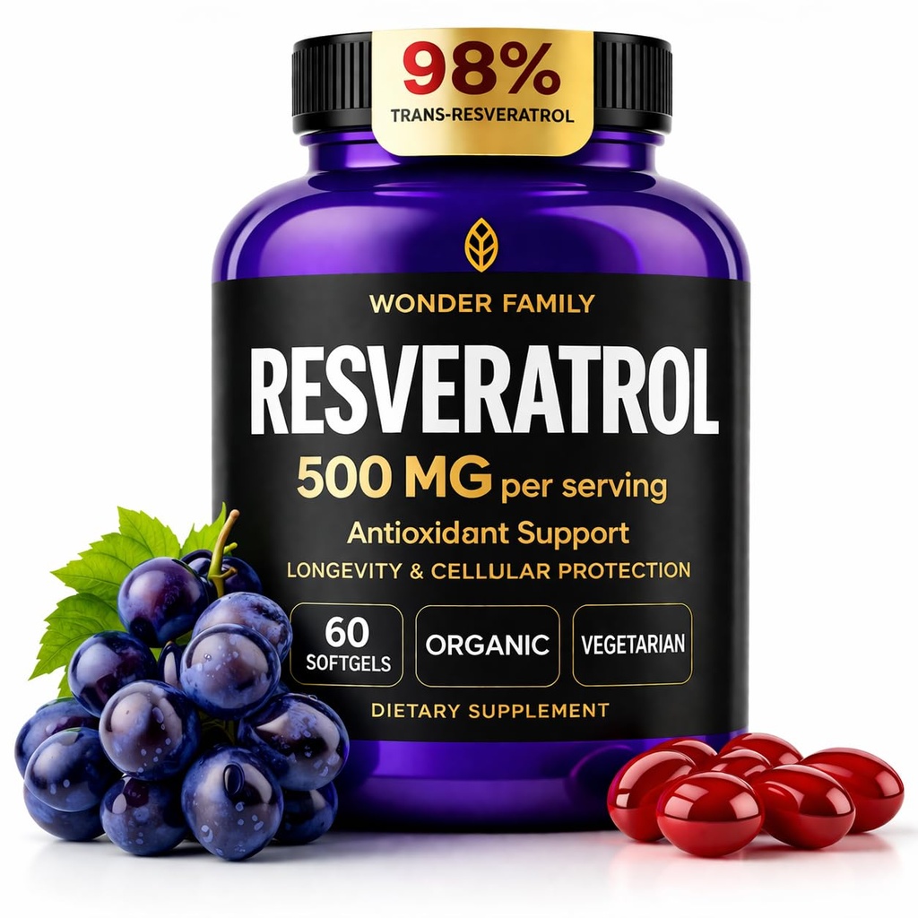 Reveratrol补充500mg — 98% Trans Resveratrol 1000mg 有机复合体 — NAD Resveratrol 抗氧化剂和抗衰老补充剂,用于心脏健康,记忆提升,健康公式,健康细胞支持