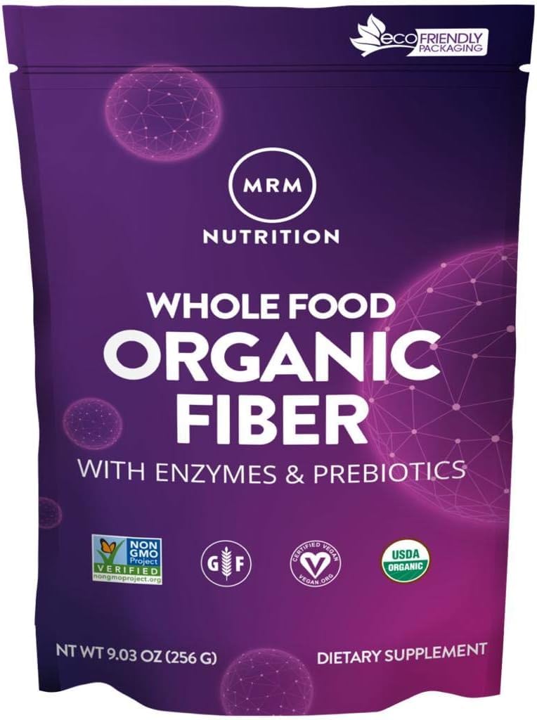 MRM 营养全食品 有机纤维 + Ezymes + Prebiotics + 难溶性纤维 + 溶性纤维 → 消化性健康 + 正常性 → 6g Fiber / 服务 → 32 服务