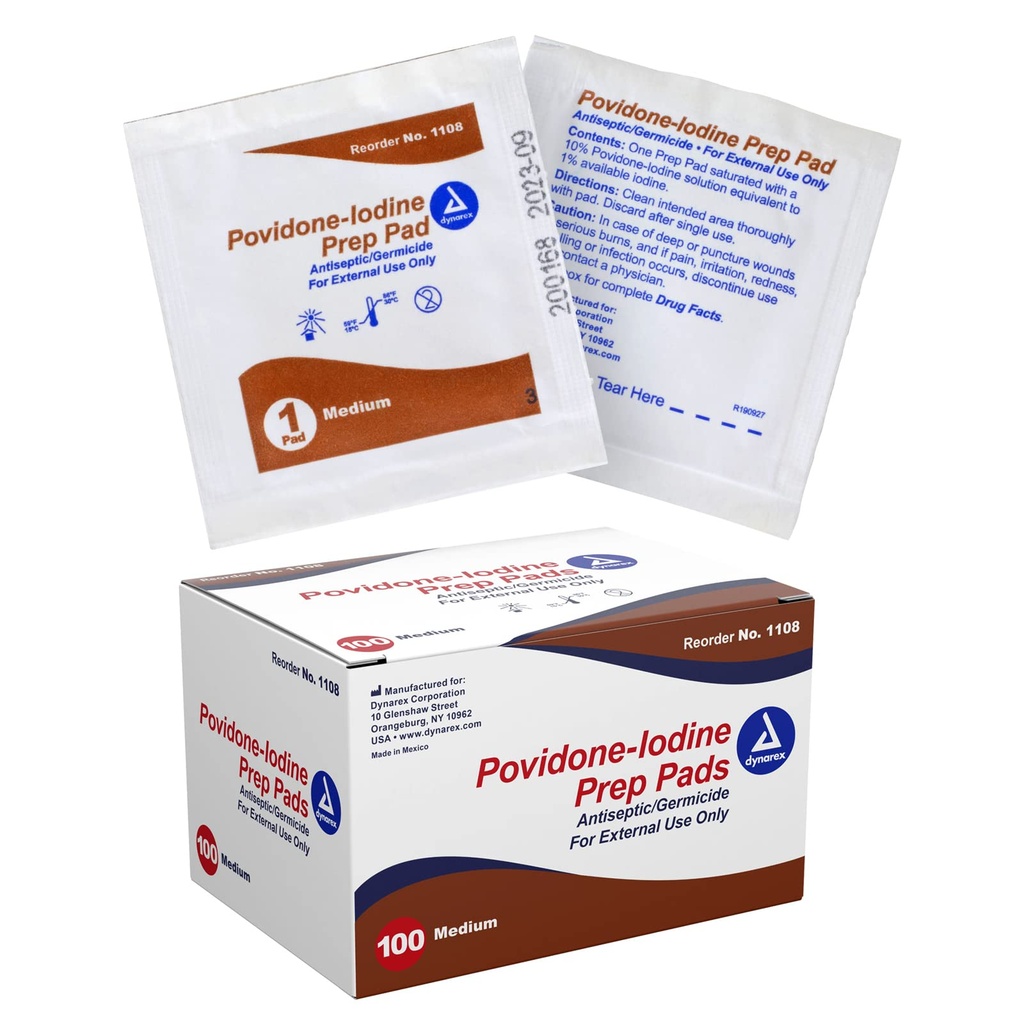 Dynarex Povidone-碘预垫,与Povidone碘饱和10%,用于预先准备前小程序的医疗-消毒擦拭,中型,100个预垫,1个案例