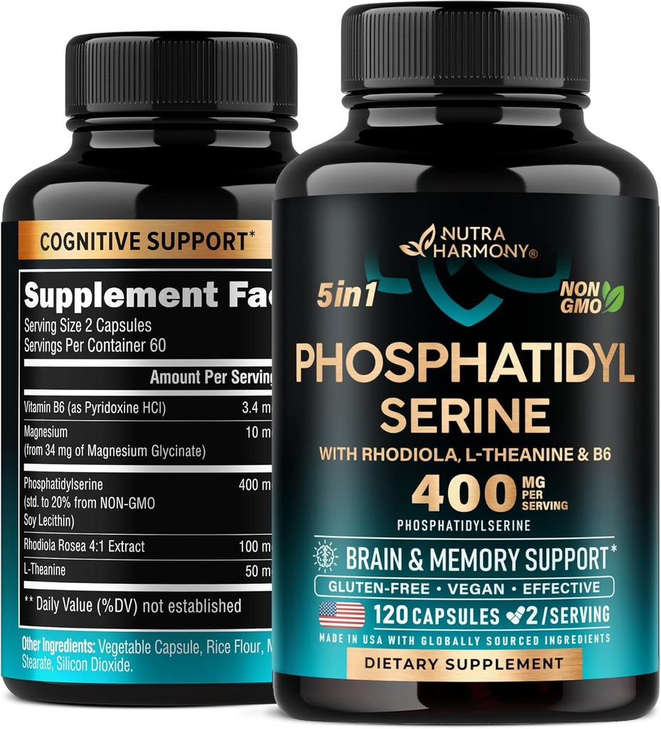 含L-乙烷、镁和维生素B6的磷酸二乙酯400毫克,Rhodiola Rosea - Brain, Memory and Focus Support - 经认证的非GMO,天然衍生物和生物可获取性 - 在美国制造 - 120 С papsules