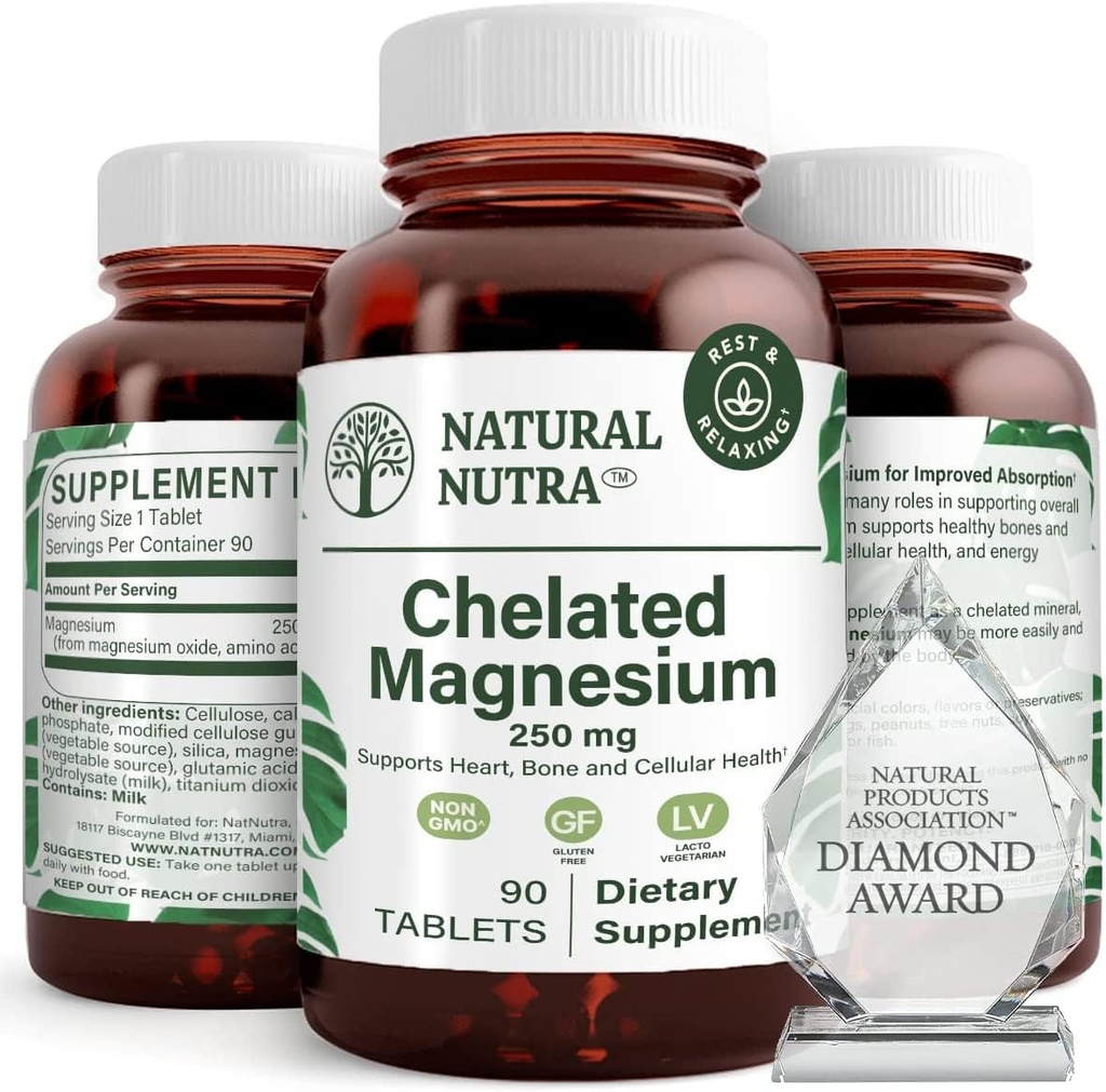 Natural Nutra Chelated Magnesium Oxide 250 mg - 强骨、心脏健康、能量靴、无胶囊、无胶囊、无胶囊、无胶囊90块(3个包装)在BPA-无胶囊中的高吸收量