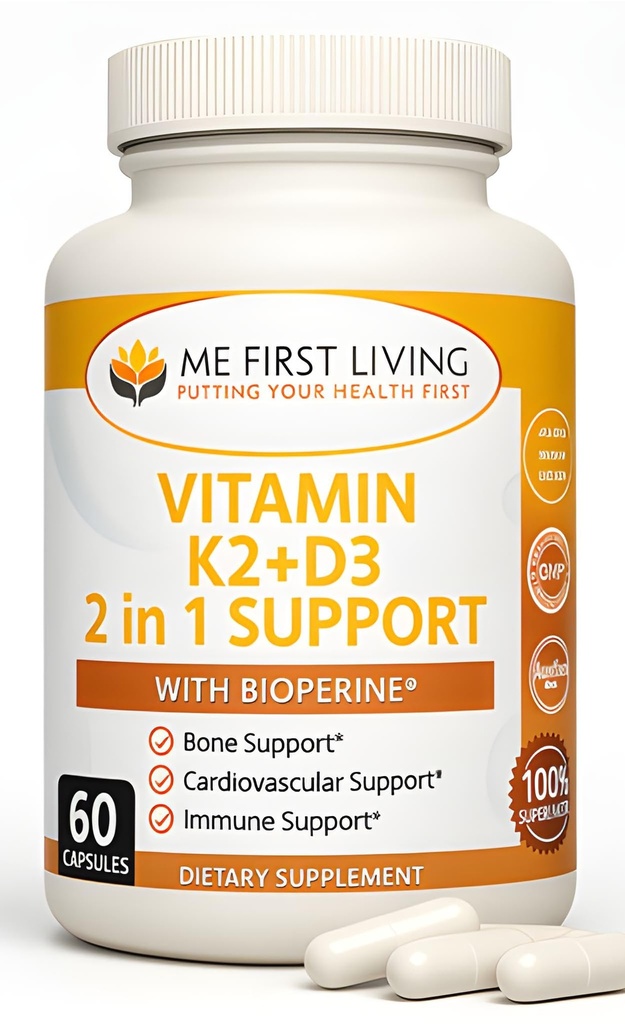 Me First Living Vitamin D3 K2 补充Bone和心脏健康 非GMO公式 125 MCG Vitamin D3和100 MCG Vitamin K2 MK-7 容易吞咽 Vitamin D & K 复合物与钙