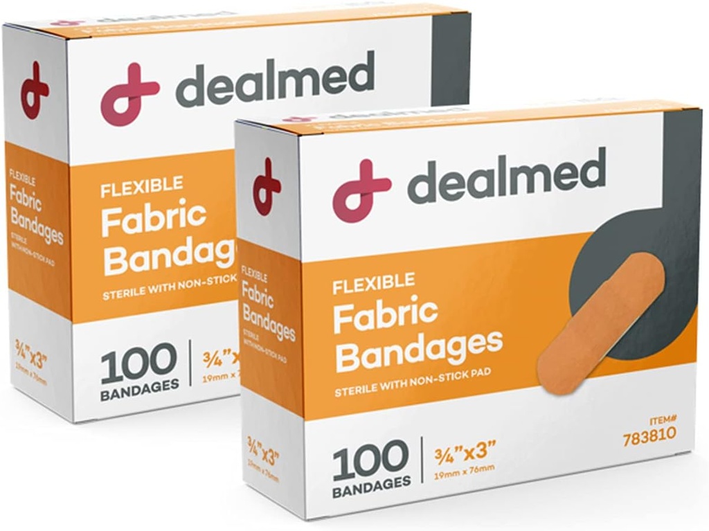 发售 Fabric 弹性粘贴带 – 100 Counter (2 Pack) Bandages with Non-Stick Pad, Latex Free, 伤者护理急救箱, 3"×3/4"