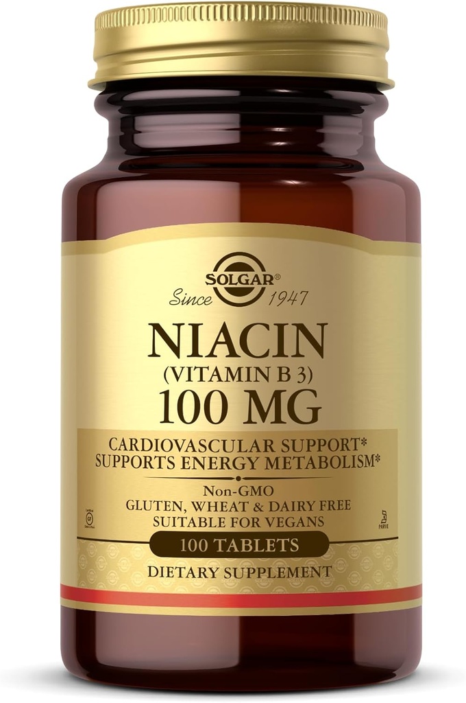 Solgar Niacin (维生素B3) 100 mg - 100 片 - 支持能量代谢 - 非GMO, Vegan, Gluten Free, 奶制品 Free, Kosher - 100 服务