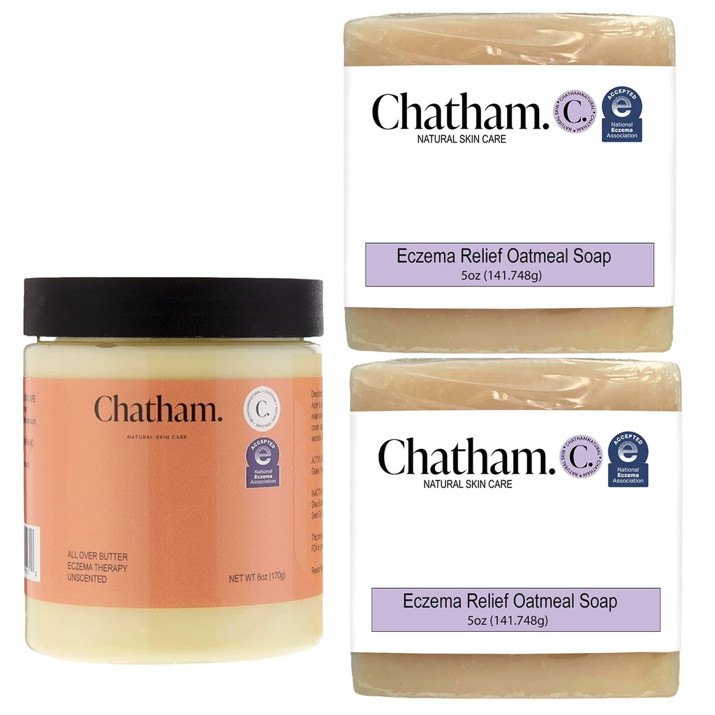 Chatham Natural Skin Care Over Butter Eczema疗法 6oz 和 2 x Eczema Relief Soap Bars 5oz Bundle → 与 Coloidal Gluten 自由食堂