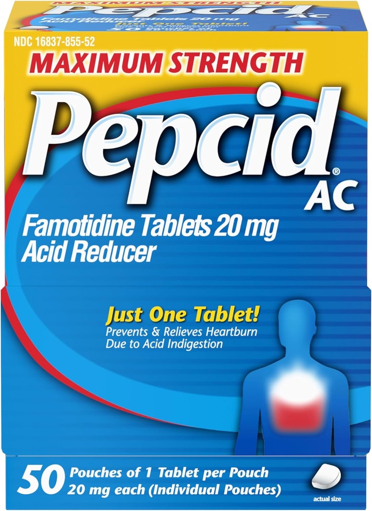 Pepcid AC 最大强度心脏灼伤救药片,OTC 药物 预防与释放 心脏灼伤与酸性还原 由于酸性消化,20mg Famotidine 酸性还原剂,快速作用, 1 x 50 cm