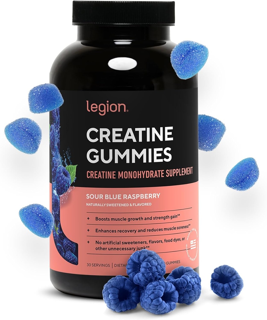 LEGION Creatine Monohydrate Gummys — Clean Chewable Creatine 增量,耐力和肌肉复苏 – 30 Sour Blue Raspberry Flavor Services — 没有人工火焰或甜酒