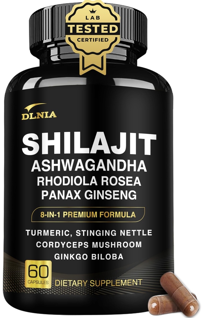 与Rhodiola Rosea, Ginseng, Turmeric, 蘑菇一起为男女提供8-in-1 Shilajit 与 Ashwaganda 喜马拉雅有机补充, 用于Imune支持, 能源, 平静, 聚焦, 明亮, 睡眠, 科尔蒂索尔