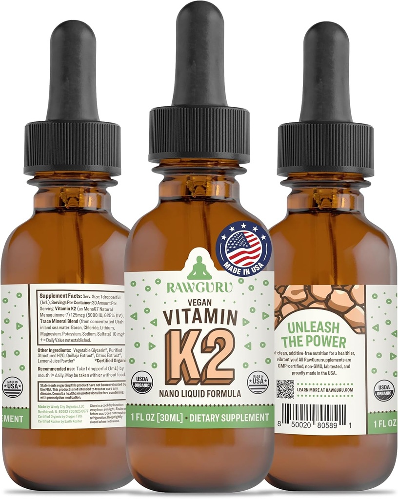 RawGuru Vitamin K2 补充剂 - 有机维干维生素 K2 MK7 配有 Trace Minerals - Nano-Processed Antioxidant & Immune Support Suppose Tincure - 每30毫升30枚维干滴,包装为1枚
