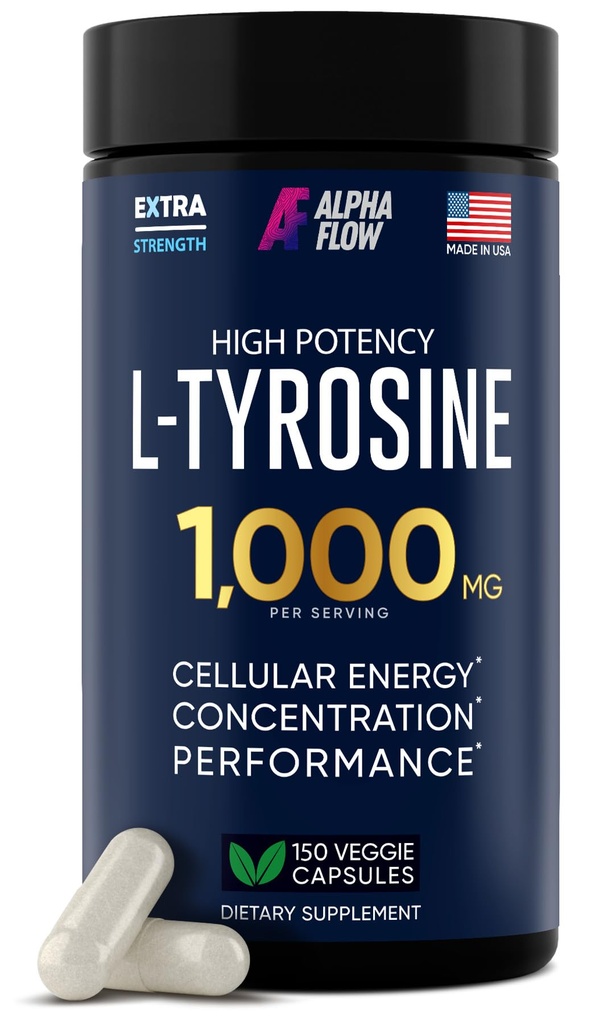 Alpha Flow L Tyrosine 1000MG Capsules - 全天然 L- Tyrosine 补充Focus & Energy Boost - 非GMO & Gluten - Free - Vegan 150 Caps - 500mg x 2 每役