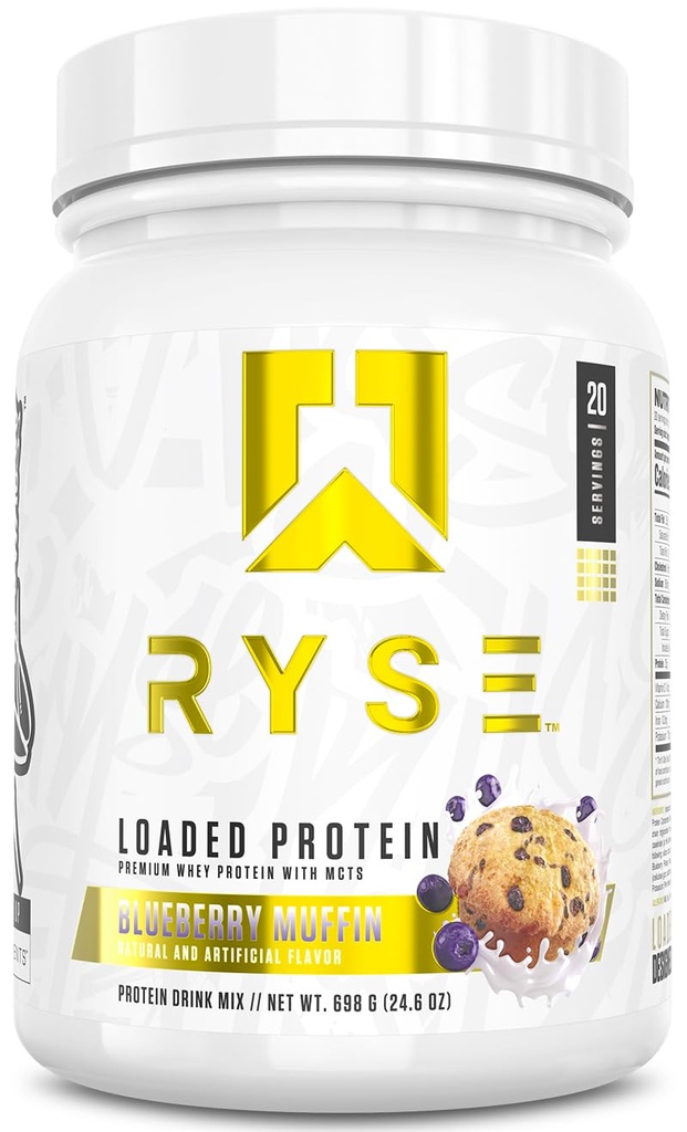 RYSE 装入蛋白粉 - 蓝莓麻黄 - 25g Whei 蛋白质隔离并集中使用先生纤维和MCTs - 低碳化物,低糖,消化友好 - 20 services / 1.5磅Tub