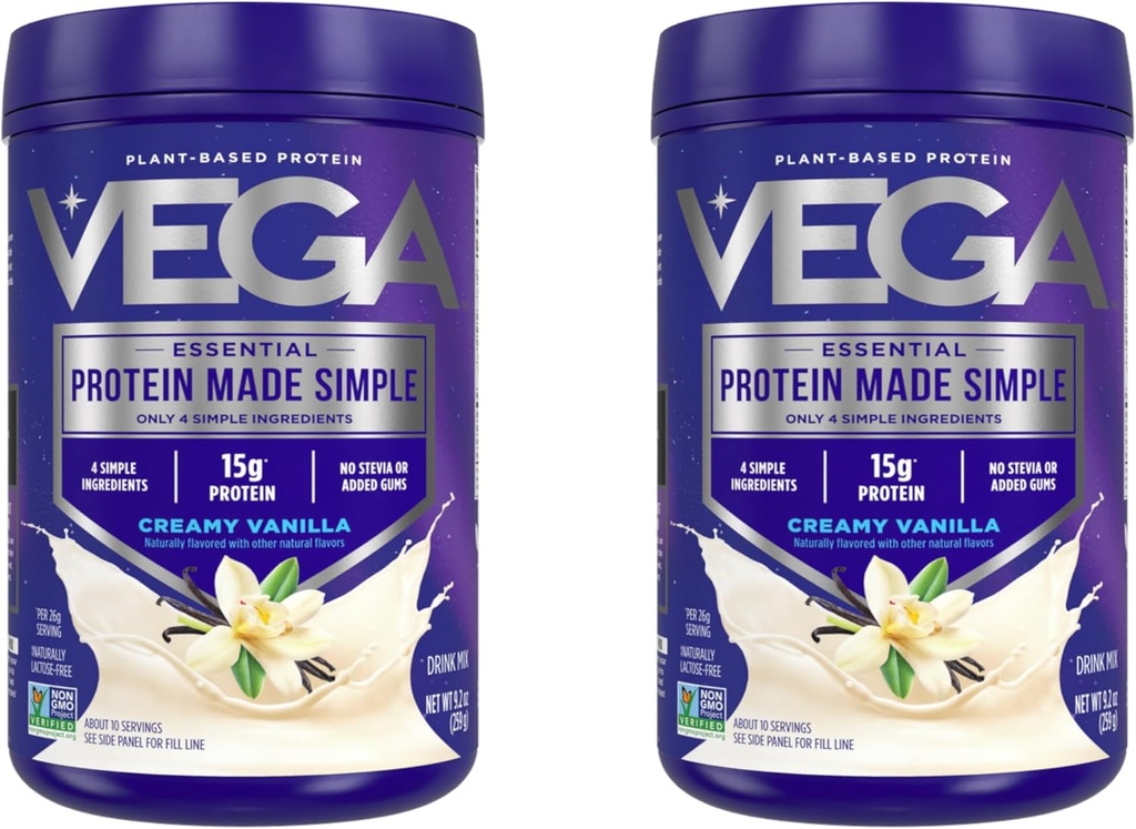 Vega蛋白质制作简单蛋白粉,香草 - Stevia Free, Vegan, 植物基,健康, Gluten Free, Pea protein for Men, 9.2 oz (Package May Vary) (Pack of 2).