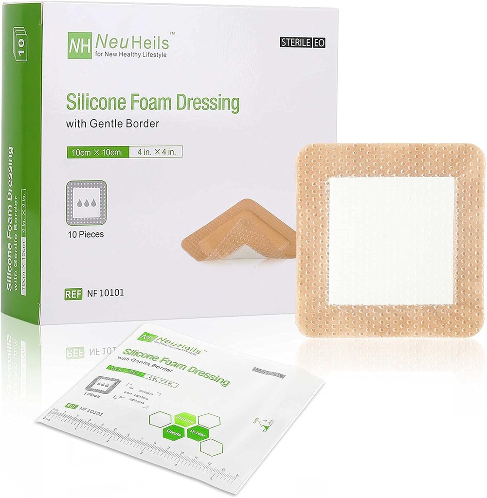 NeuHeils Silicone 粘膜泡沫涂装 Gentle Border 4'x4' 用于Bed Sore Leg Ulcer 10 Pack, 高抗腐蚀性防水硅酮伤痕带