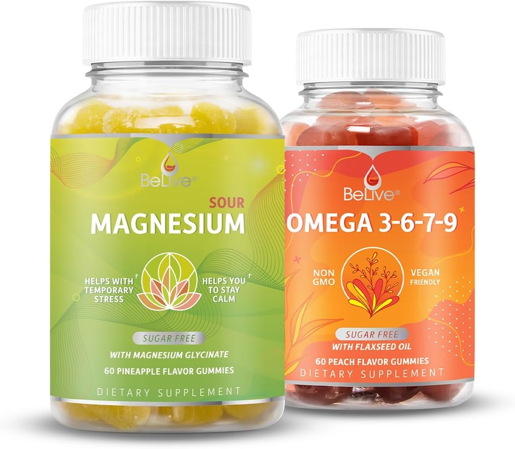 BeLive Magnesium GLycnate & Omega 3-6-7-9 用于放松、睡眠、大脑、心脏和免疫系统支持