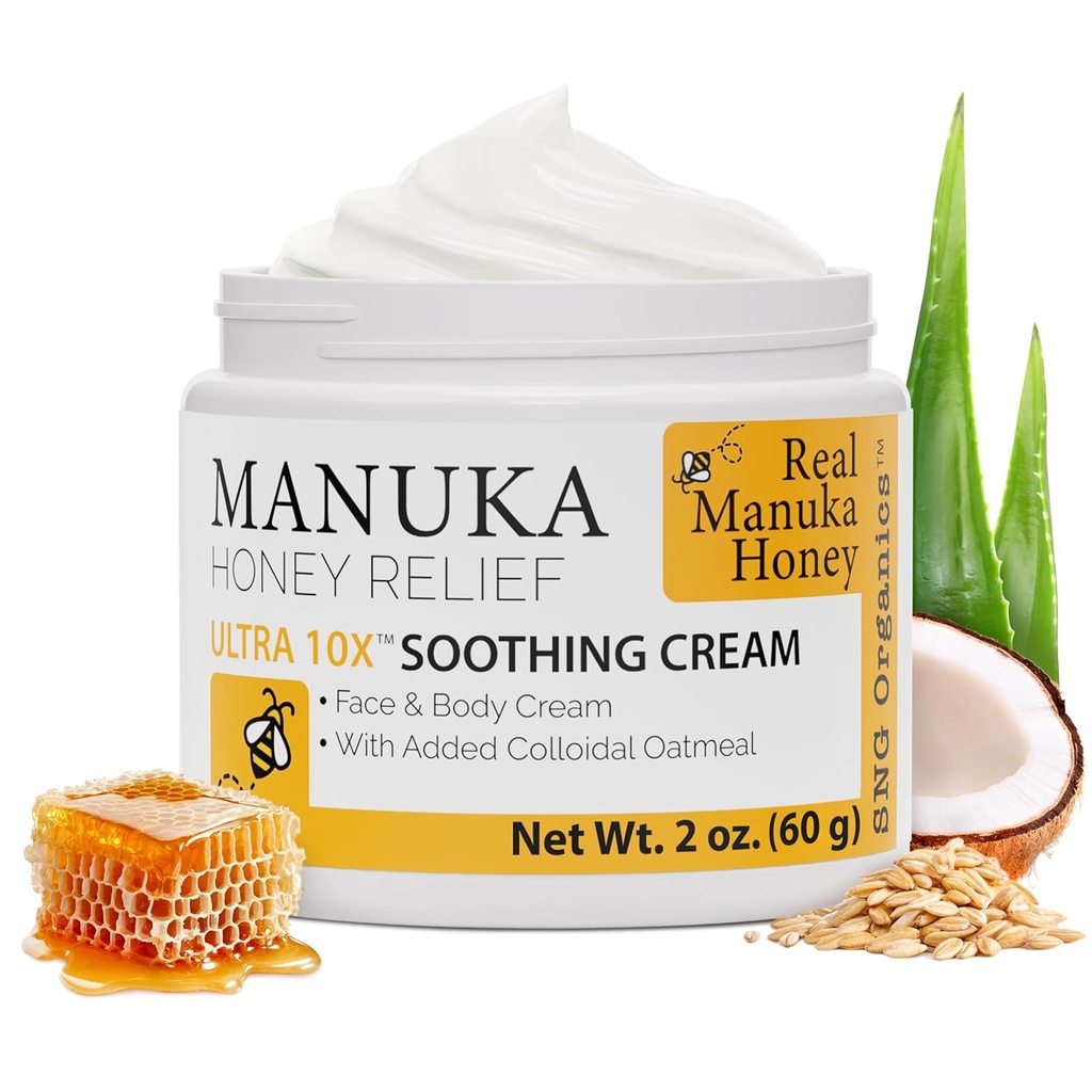 超级天然商品 Manuka 蜂蜜奶油(2oz) – 适合儿童和成年人的所有皮肤类型的水分化 – 用真正的Manuka 蜂蜜 Aloe Vera Juice 和 Cocoa Butter 搅拌身体奶油