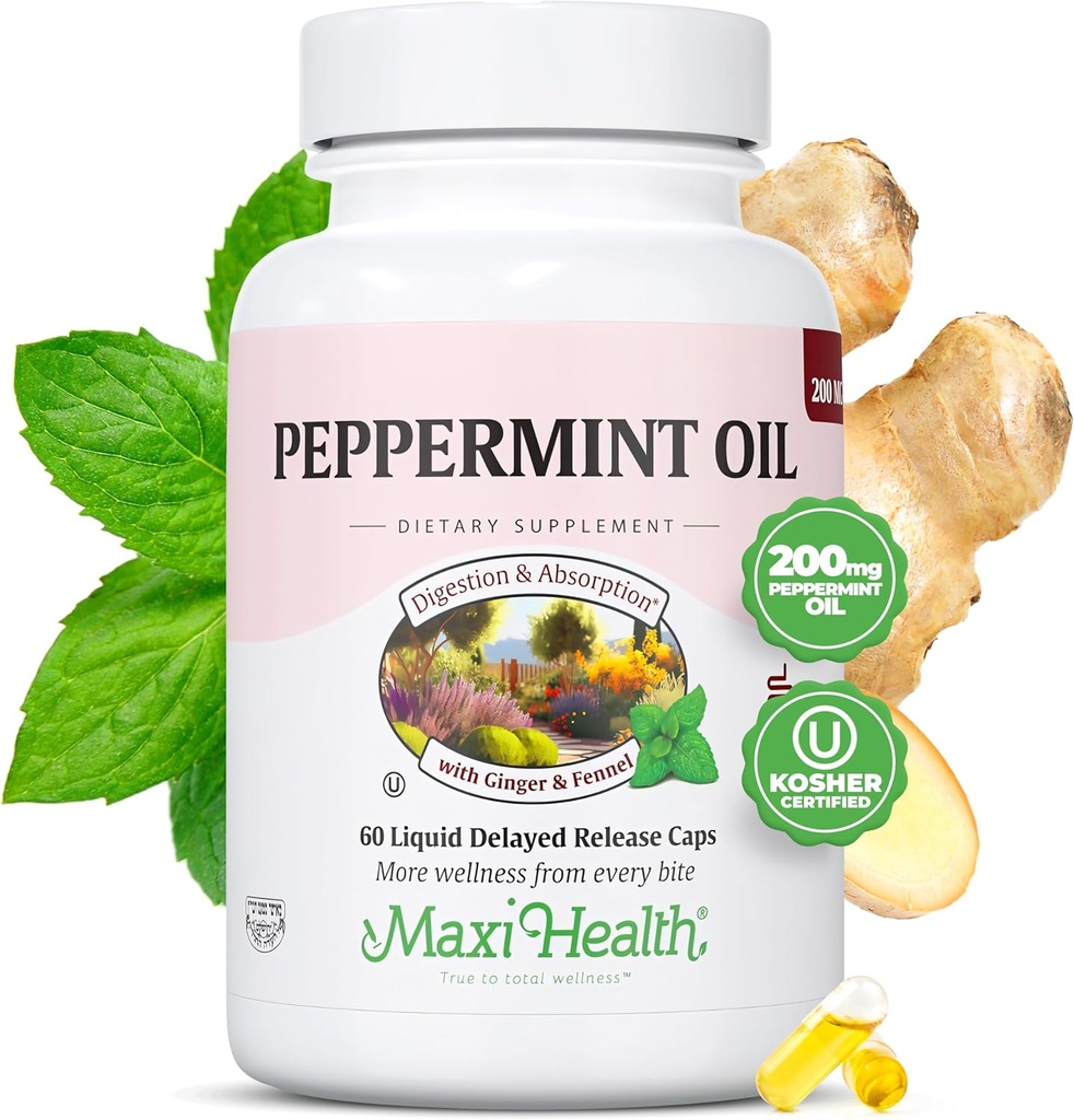 Maxi Health Peppermint Oil Capsules – 有机姜油和Fennel 延迟释放 Capsule – 消化支持的无营养饮食 Kosher Peppermint 补充品(60 Capsules)