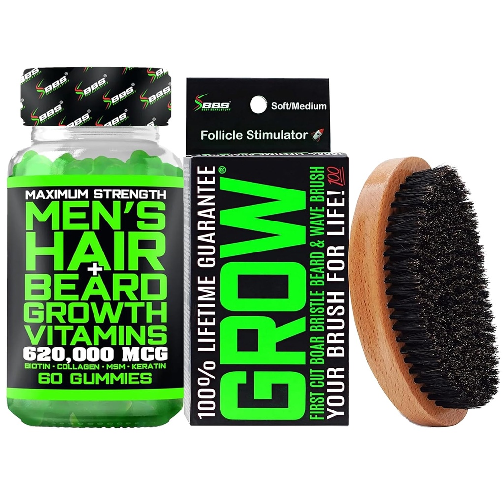胡子生长 Kitw/62万mcg 14-in-1 BIOTIN Gummys/Beard 生长维生素和头发生长维生素 男子+100%终身替代 第一次剪猪布刷和360波刷 男子