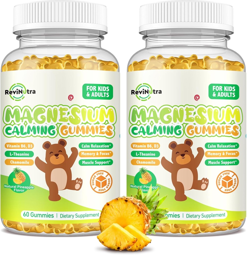 儿童用镁(Magnesium gummys for Kids) - 配有L-Theanine的镁(Glycinate Gummys)补充剂,成人和孩子用维生素B6,D3,睡眠用平静的镁(Calm Magnes),放松用,大脑,Bones,Sugar Free Pineapple 120ct