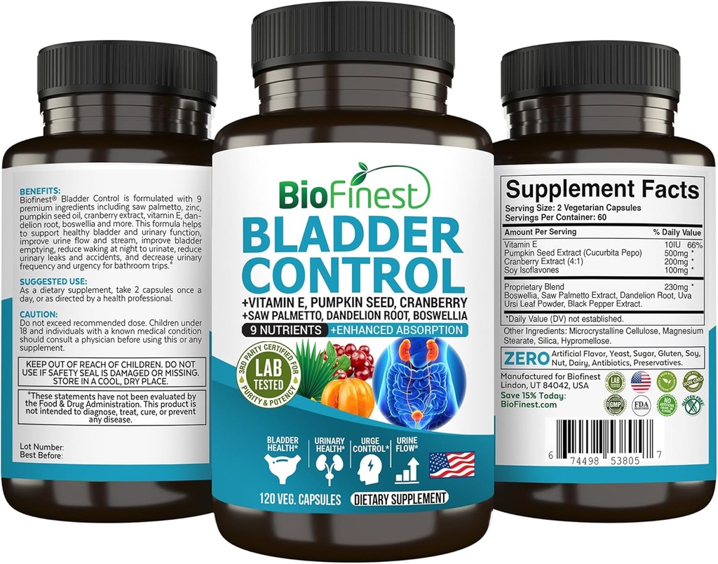 男子和女子的生物精品Bladder控制补充剂 - 120 Veg. Capsules - Saw Palmetto, Cranberry, 南瓜种子,维生素E, Boswellia, Dandelion Root - Urinary Tract Bladder Health - 美国制造