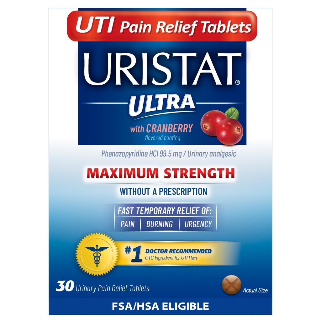 Uristat Ultra UTI 止痛药片、快速尿道感染止痛药片、烧伤药片、紧急药片、最大强度药片、红莓烧焦药片、30片药片