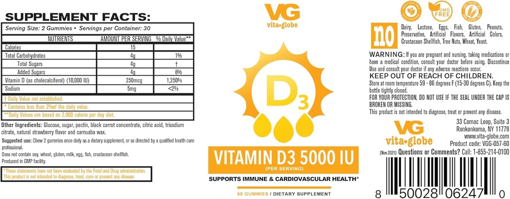 VITA GLOBE 维生素 D3 10,000IU 250mcg 配有锌和Echinacea Gummy - 支持健康免疫系统,强骨,牙齿和肌肉,120个计数(2包)