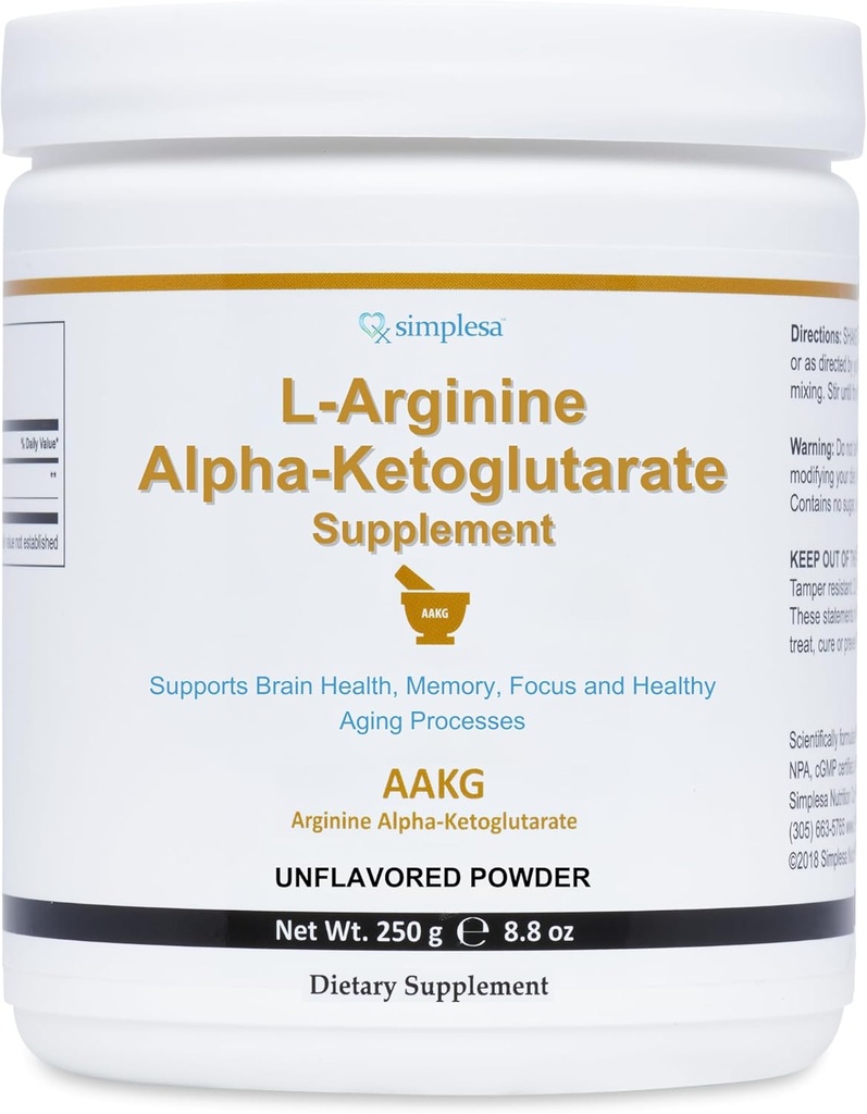 Simplesa AAKG Arginine Powder, L-Arginine Alpha-Ketoglutarate 补编,2000mg Pervice,支持脑健康,记忆,焦点和健康老化过程,250g Powder 补编