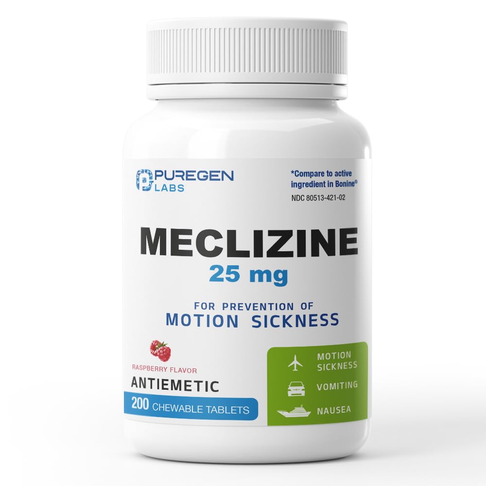 纯原实验室 Meclizine 25 mg 抗菌药 200 可嚼药片 QQ 运动疾病救济 - 防止恶心,呕吐,和头晕 - 美国乳制品自由 QQ 价值包装 - 200 可嚼药片