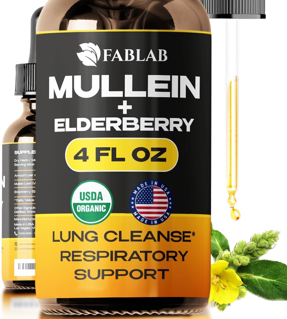 FabLab Mullein 叶片提取法用老莓 4 Fl Oz - 在美国制造 - 滴水换更好的肺脏 - 穆莱因叮当换上肺解毒剂 - 供吸烟者用气管清洁剂 - 呼吸草药补充剂