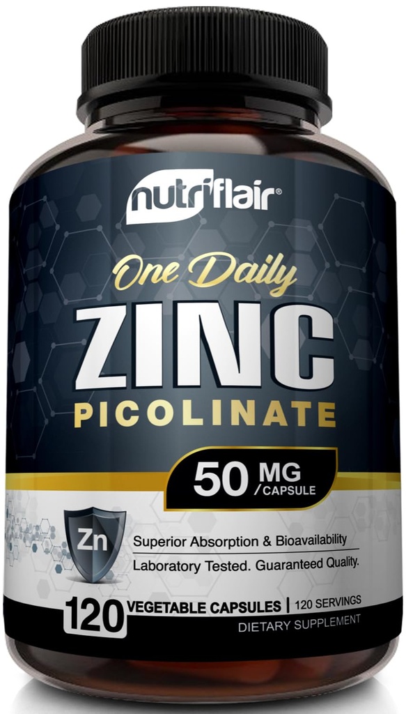 NutriFlair Zinc Picolinate 50mg, 120 Capsules - 最大吸收锌补充剂 - Immune System 助推剂,豁免防御剂,强效非GMO抗氧化剂 - 与葡萄糖,Citrate, Oxide 相比