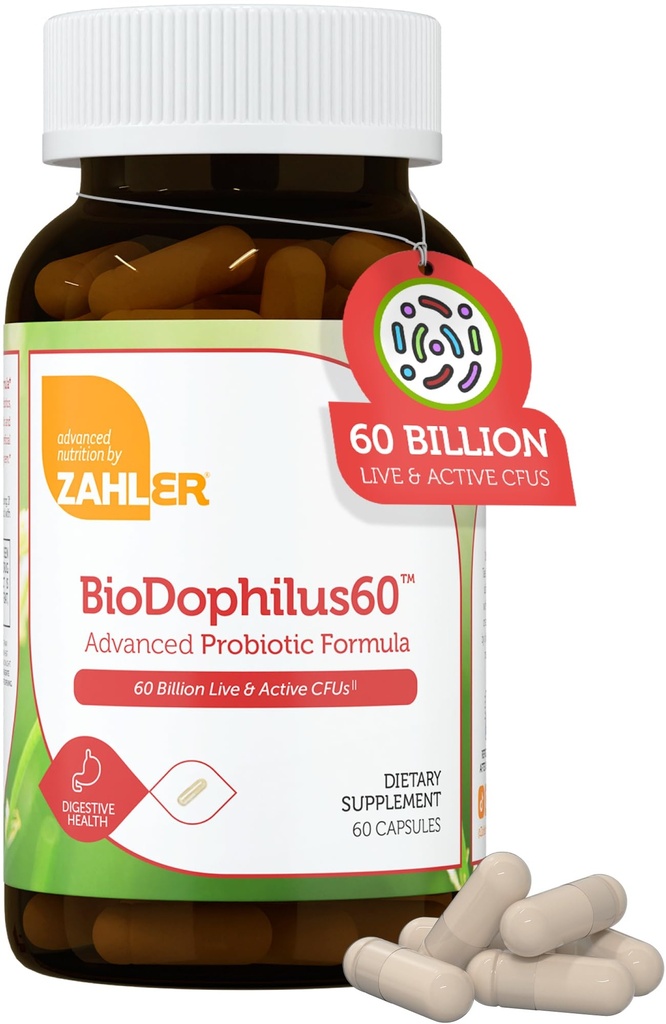 Zahler BioDophilus60,60亿 CMU Probiotic + Prebiotic - 11 Strains Daily Probiotic 补充 - Kosher Probiotics for Womensive Health, Probiotics for Men for Gut Health (60 Capsules) (英语).