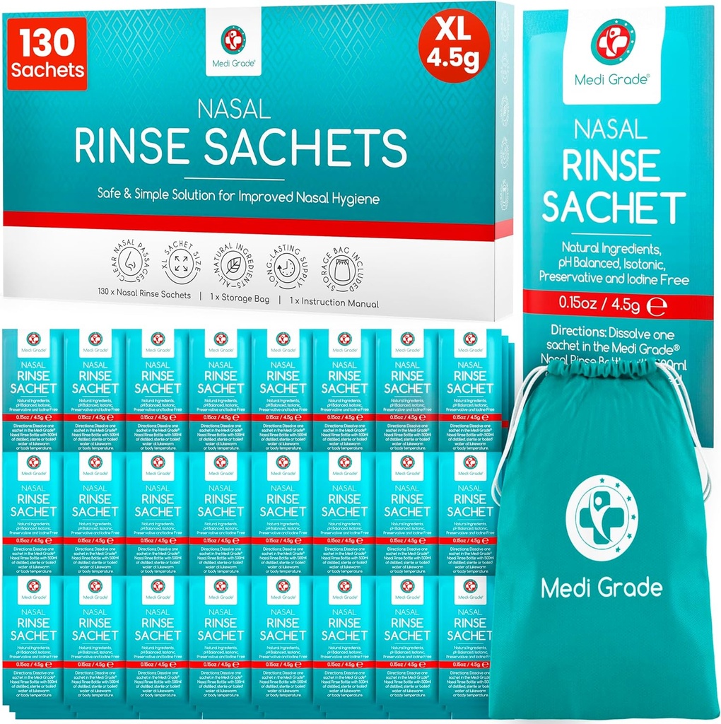 Medi grade Sinus Rinse Packets – 130 x Salt Packets 的鼻鼻鼻鼻鼻咽基本材料包和方便的存储袋 - 在家里或用我们的Neti Pot Salt Packets 享受无力的鼻鼻水灌溉
