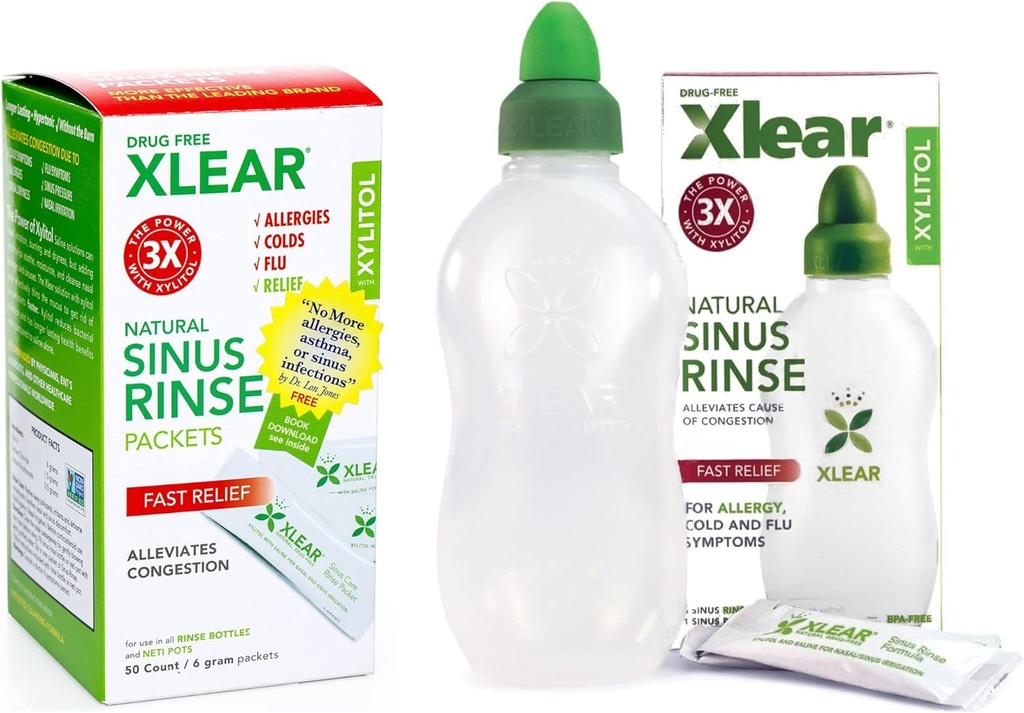 Xlear Natural Xylitol Sinus Rinse Refill, Neti Pot Saline Packets - 快速压力和摄入救济的鼻水净化器, 多数鼻水灌溉系统的工程, 50 个伯爵和 1 个鼻水瓶